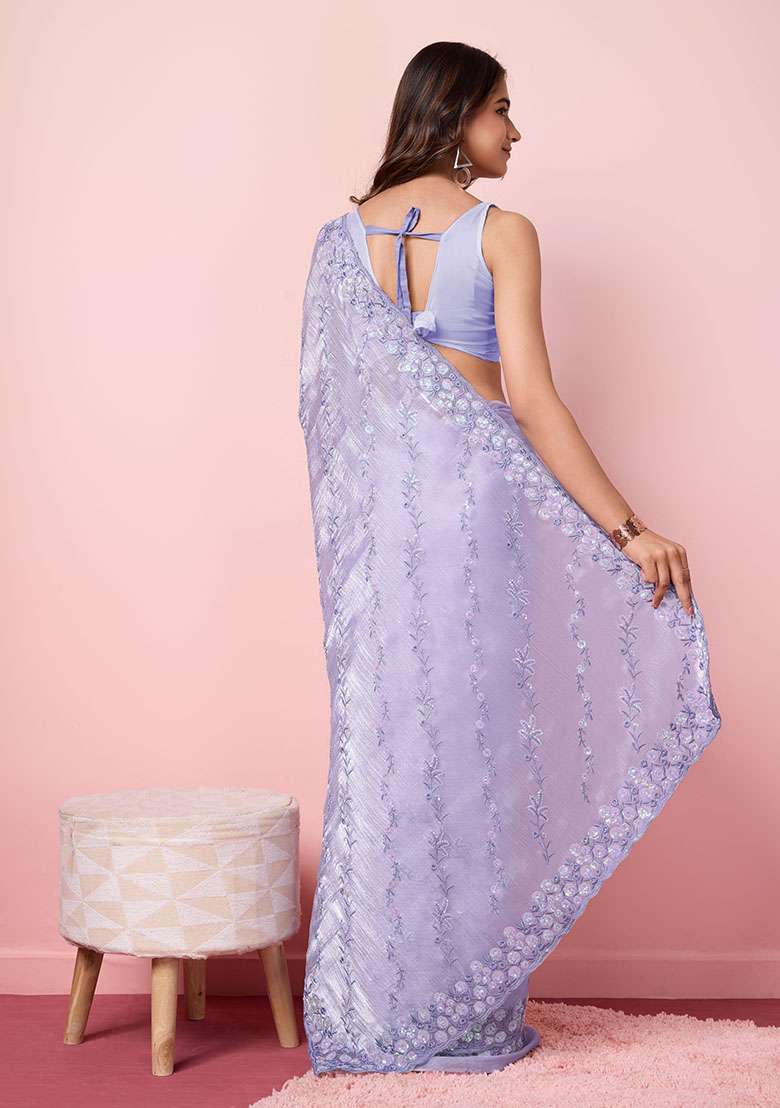 Purple Sequin Embroidered Burberry Silk Saree Set - Indya