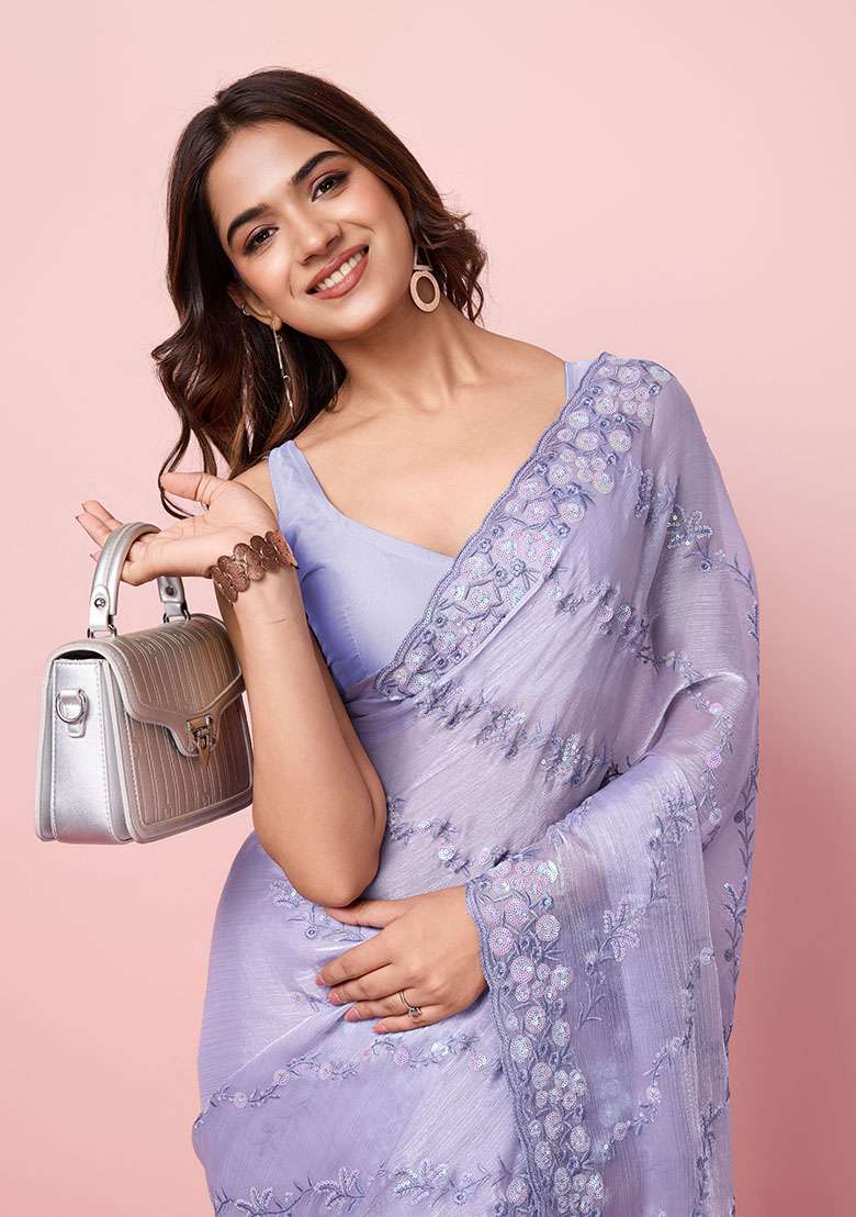 Purple Sequin Embroidered Burberry Silk Saree Set - Indya