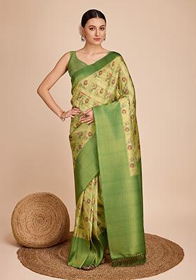 Green Printed Zari Woven Kanjivaram Silk Saree Set
