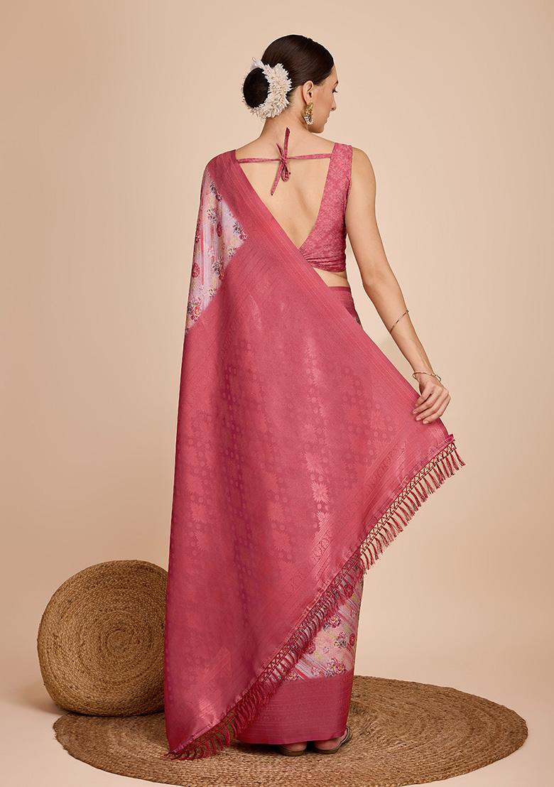 Pink Printed Zari Woven Kanjivaram Silk Saree Set