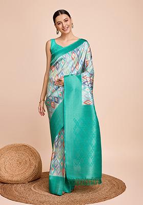 Sea Green Printed Zari Woven Kanjivaram Silk Saree Set