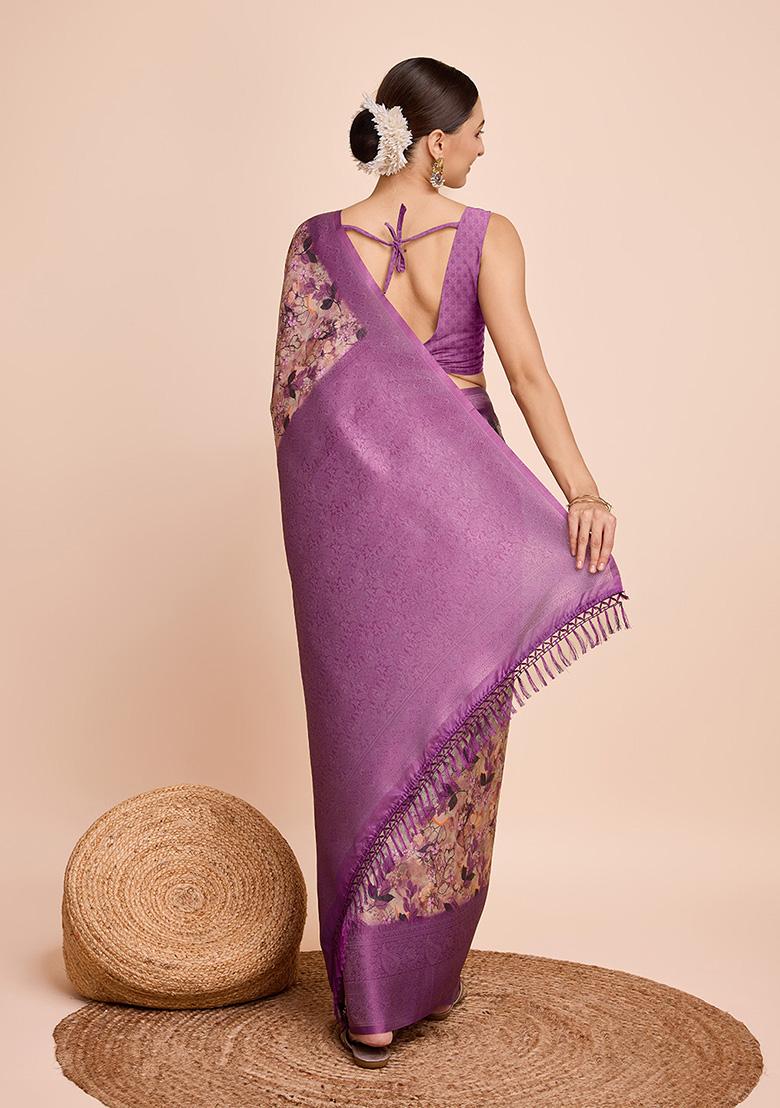 Purple Printed Zari Woven Kanjivaram Silk Saree Set