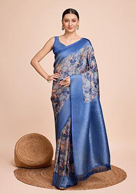 Blue Printed Zari Woven Kanjivaram Silk Saree Set