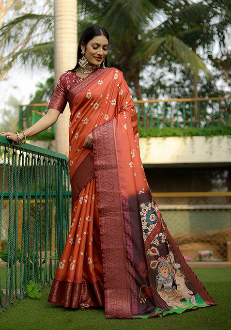 Orange Zari Woven Dola Silk Saree Set