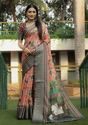 Peach Zari Woven Dola Silk Saree Set