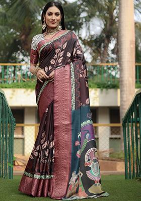 Coffee Brown Zari Woven Dola Silk Saree Set