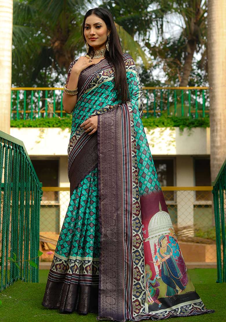 Sea Green Zari Woven Dola Silk Saree Set - Indya