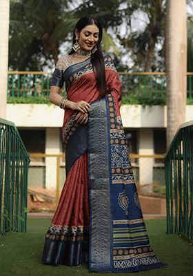 Burgundy Zari Woven Dola Silk Saree Set