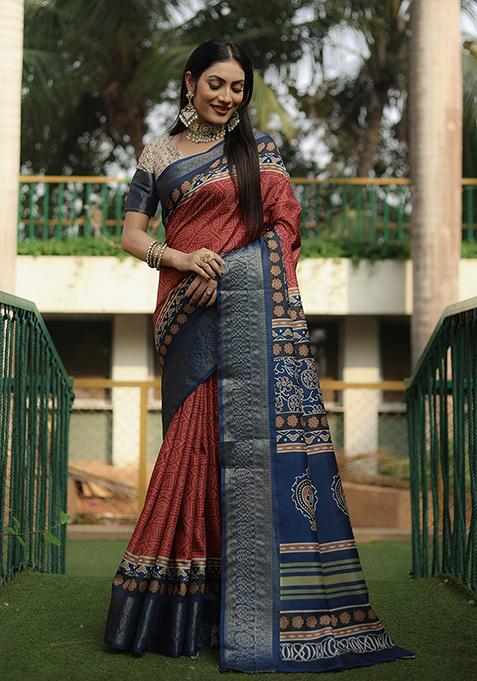 Burgundy Zari Woven Dola Silk Saree Set