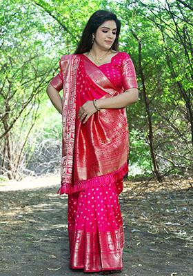 Pink Zari Woven Kanjivaram Silk Saree Set