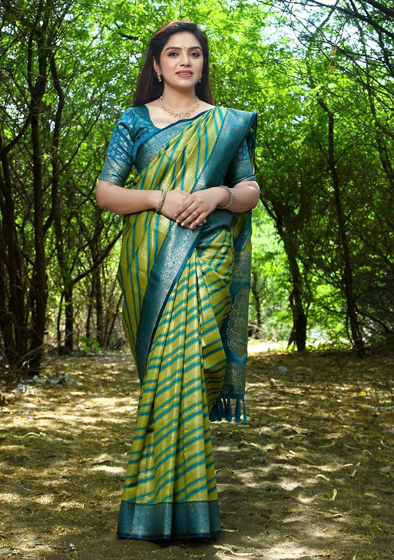 Green Zari Woven Soft Silk Saree Set - Indya