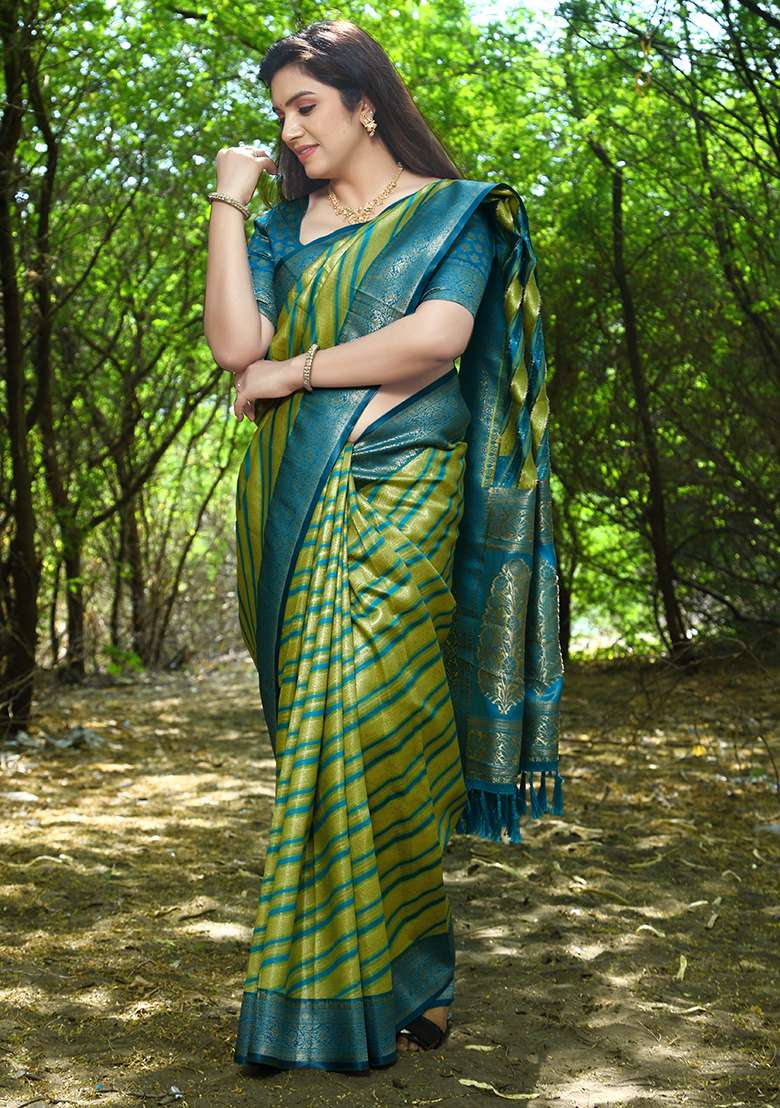 Green Zari Woven Soft Silk Saree Set - Indya
