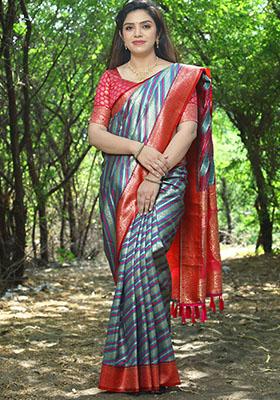 Blue Zari Woven Soft Silk Saree Set