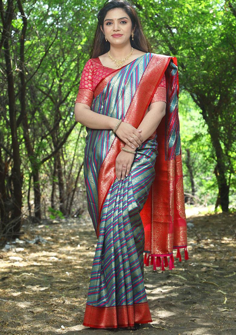 Blue Zari Woven Soft Silk Saree Set