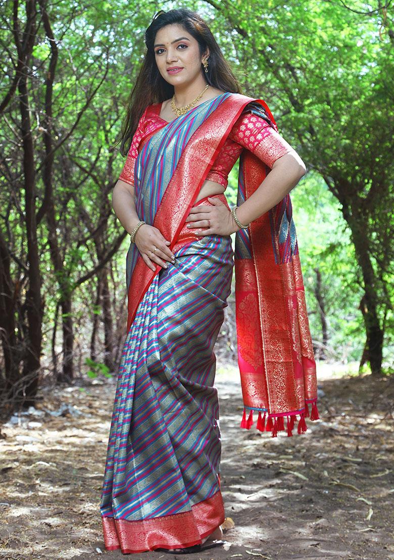 Blue Zari Woven Soft Silk Saree Set