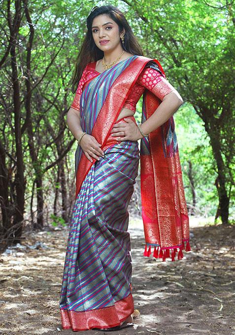 Blue Zari Woven Soft Silk Saree Set