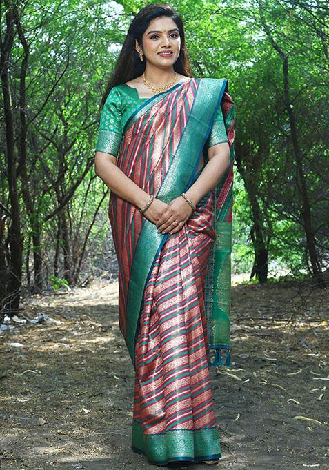 Peach Zari Woven Soft Silk Saree Set