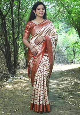 Cream Zari Woven Soft Silk Saree Set