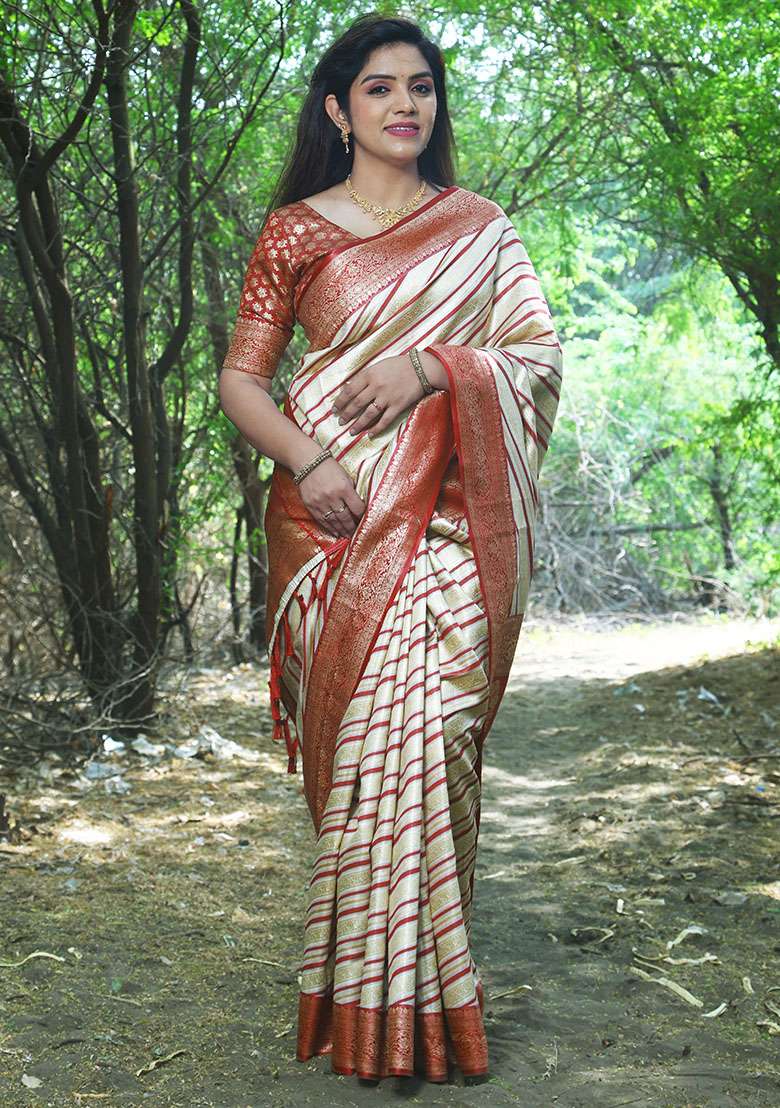 Cream Zari Woven Soft Silk Saree Set - Indya