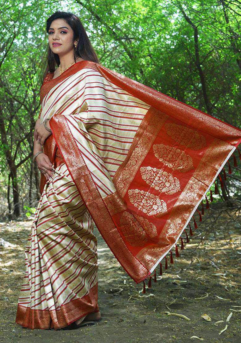 Cream Zari Woven Soft Silk Saree Set - Indya
