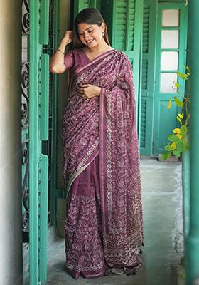 Pink Batik Print Embroidered Tussar Silk Saree Set