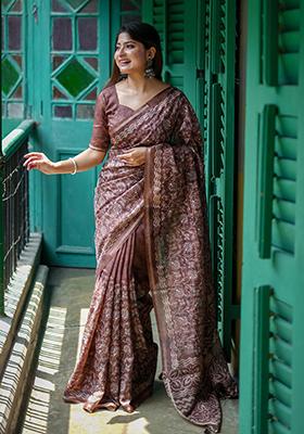 Brown Batik Print Embroidered Tussar Silk Saree Set