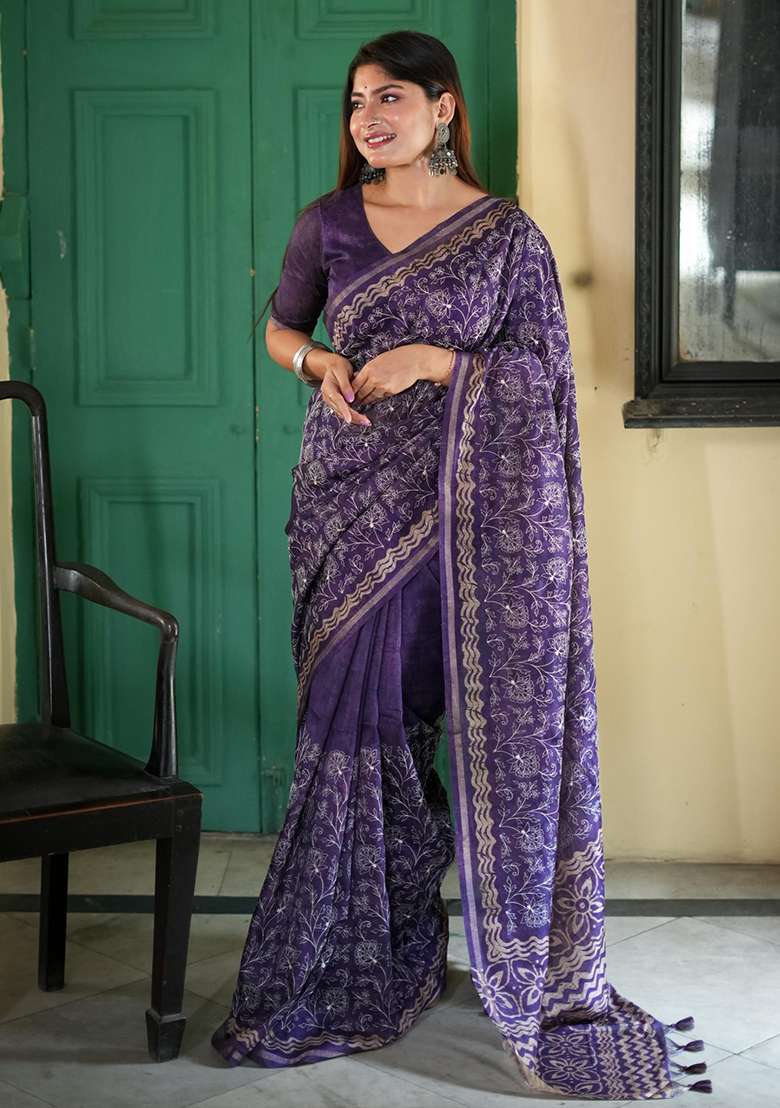 Lavender Batik Print Embroidered Tussar Silk Saree Set - Indya