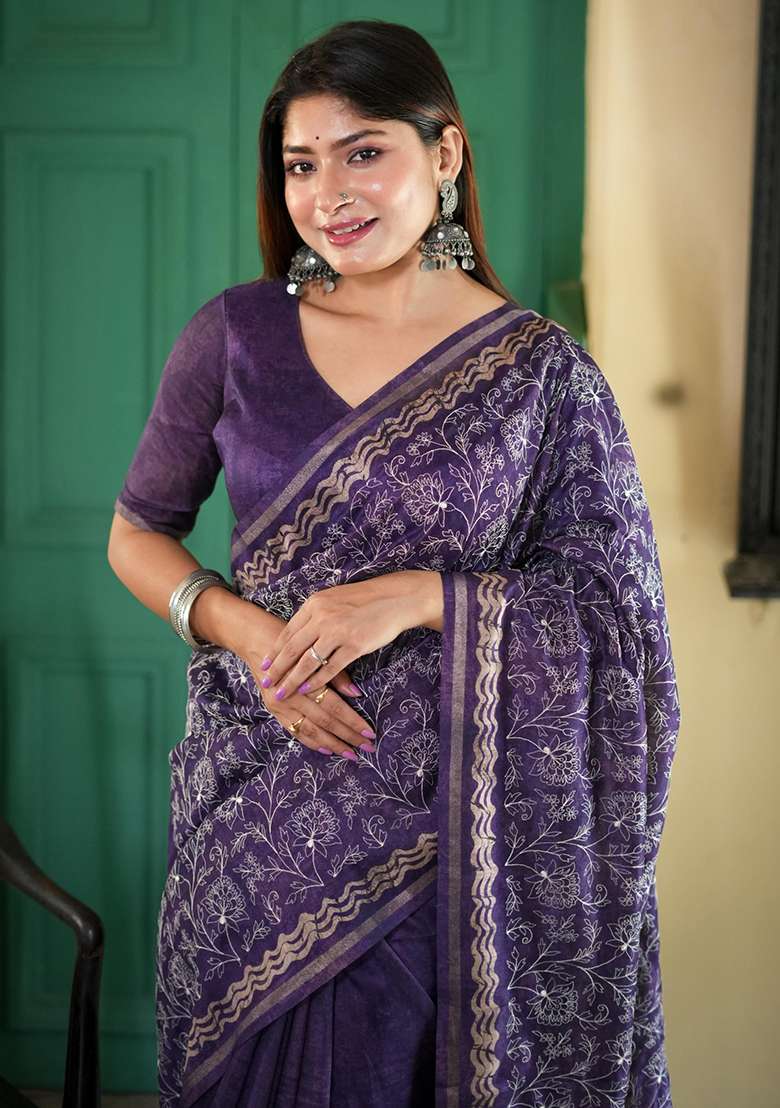 Lavender Batik Print Embroidered Tussar Silk Saree Set - Indya