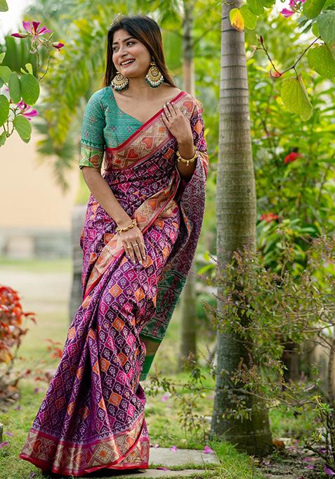 Purple Zari Woven Banarasi Silk Saree Set