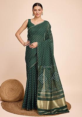 Green Woven Bandhani Print Faux Cotton Saree Set