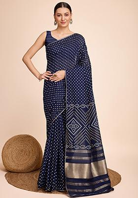 Navy Blue Woven Bandhani Print Faux Cotton Saree Set