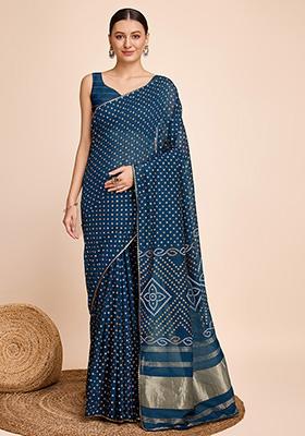 Teal Woven Bandhani Print Faux Cotton Saree Set