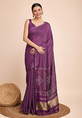 Purple Woven Bandhani Print Faux Cotton Saree Set