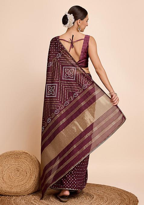 Crush Bandhani Print Moss Silk Wine Saree with Mirror Border and Running Blouse