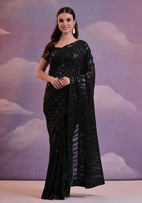 Black Sequin Embroidered Georgette Saree Set