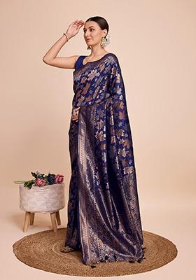 Navy Blue Zari Woven Handloom Silk Saree Set