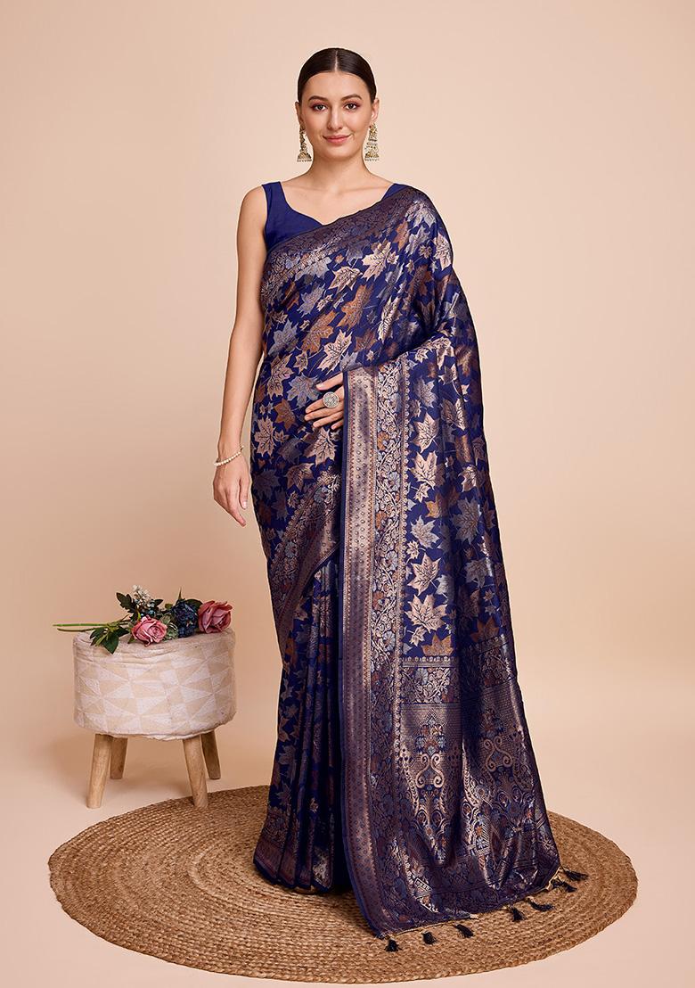 Navy Blue Zari Woven Handloom Silk Saree Set