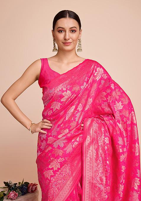 Pink Zari Woven Handloom Silk Saree Set