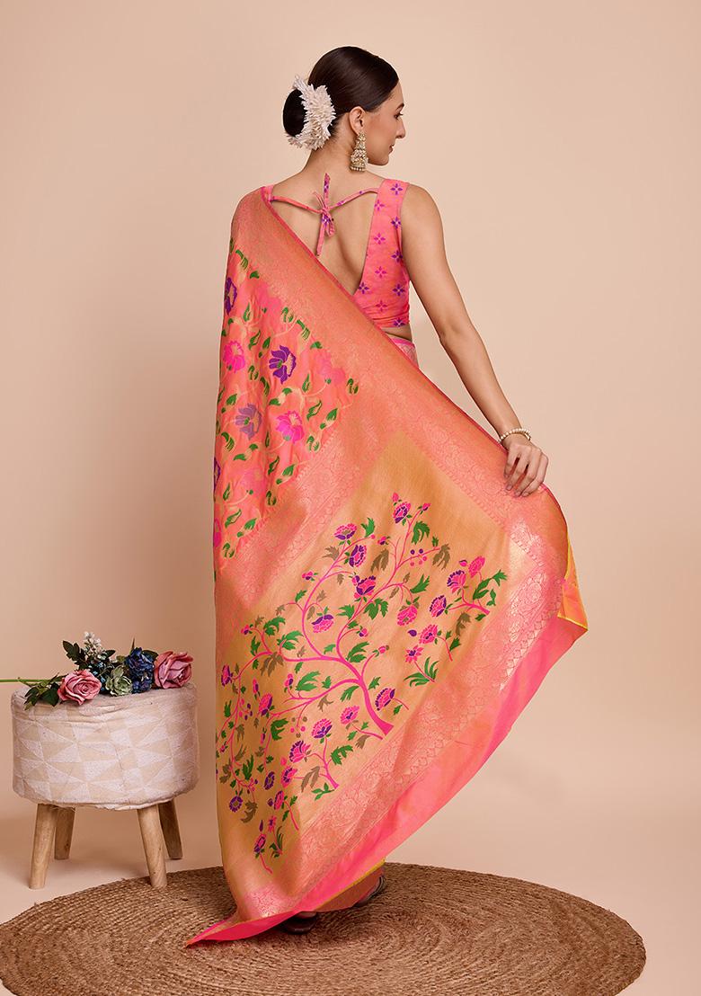 Peach Meenakari Woven Paithani Silk Saree Set
