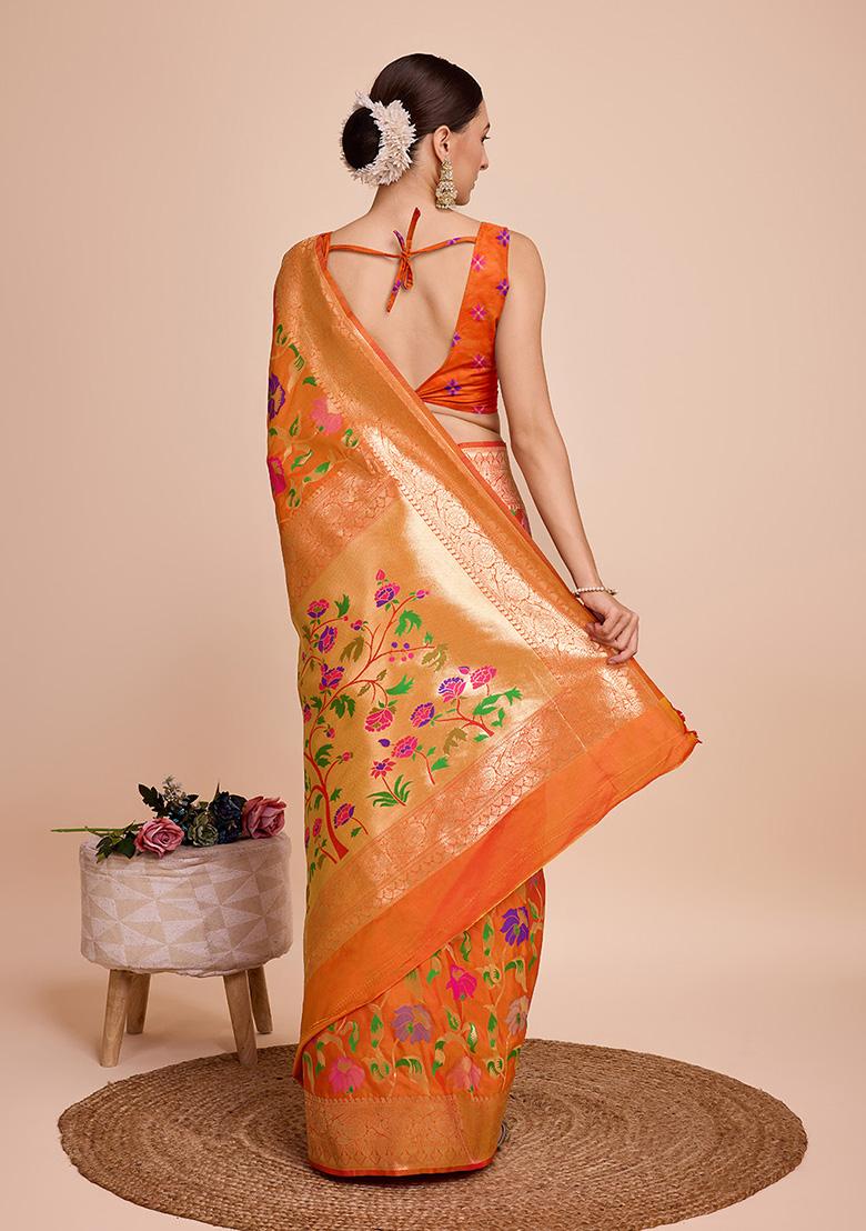 Orange Meenakari Woven Paithani Silk Saree Set