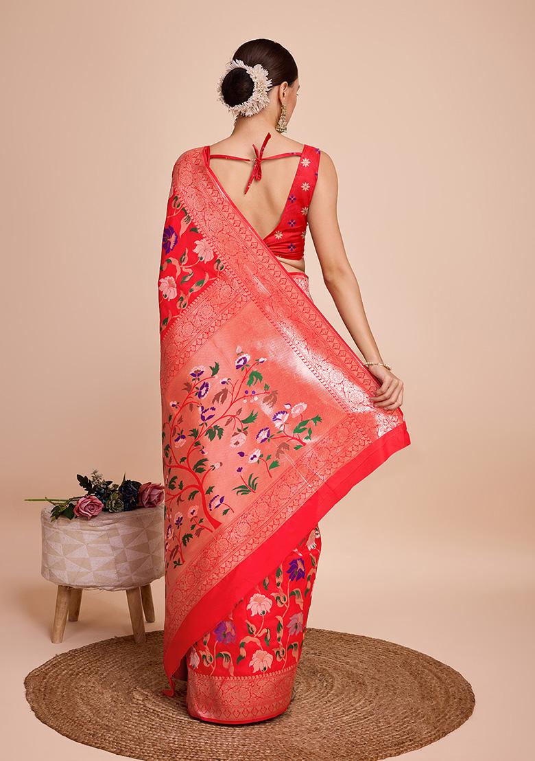 Red Meenakari Woven Paithani Silk Saree Set