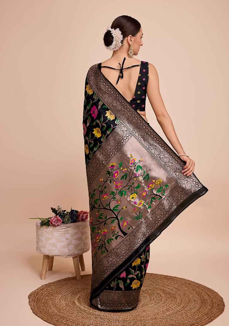 Black Meenakari Woven Paithani Silk Saree Set