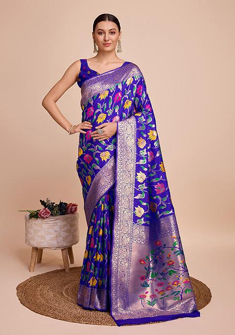 Blue Meenakari Woven Paithani Silk Saree Set