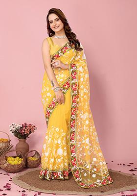 Yellow Thread Embroidered Soft Net Saree Set
