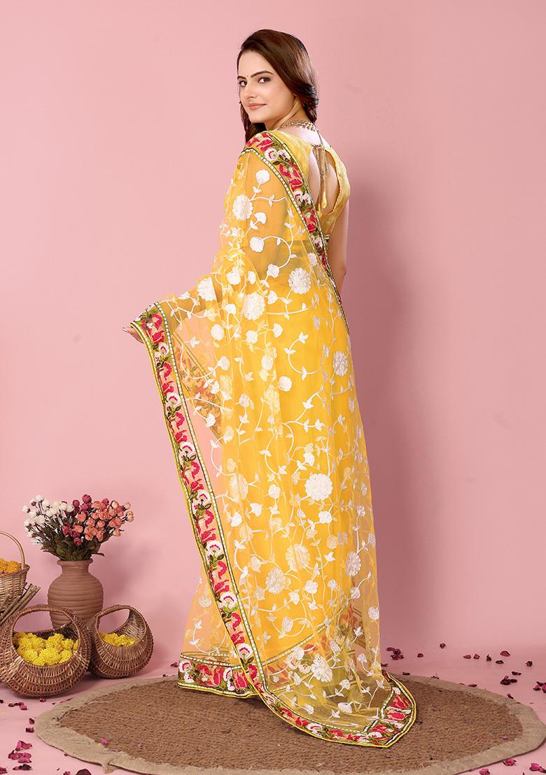 Yellow Thread Embroidered Soft Net Saree Set
