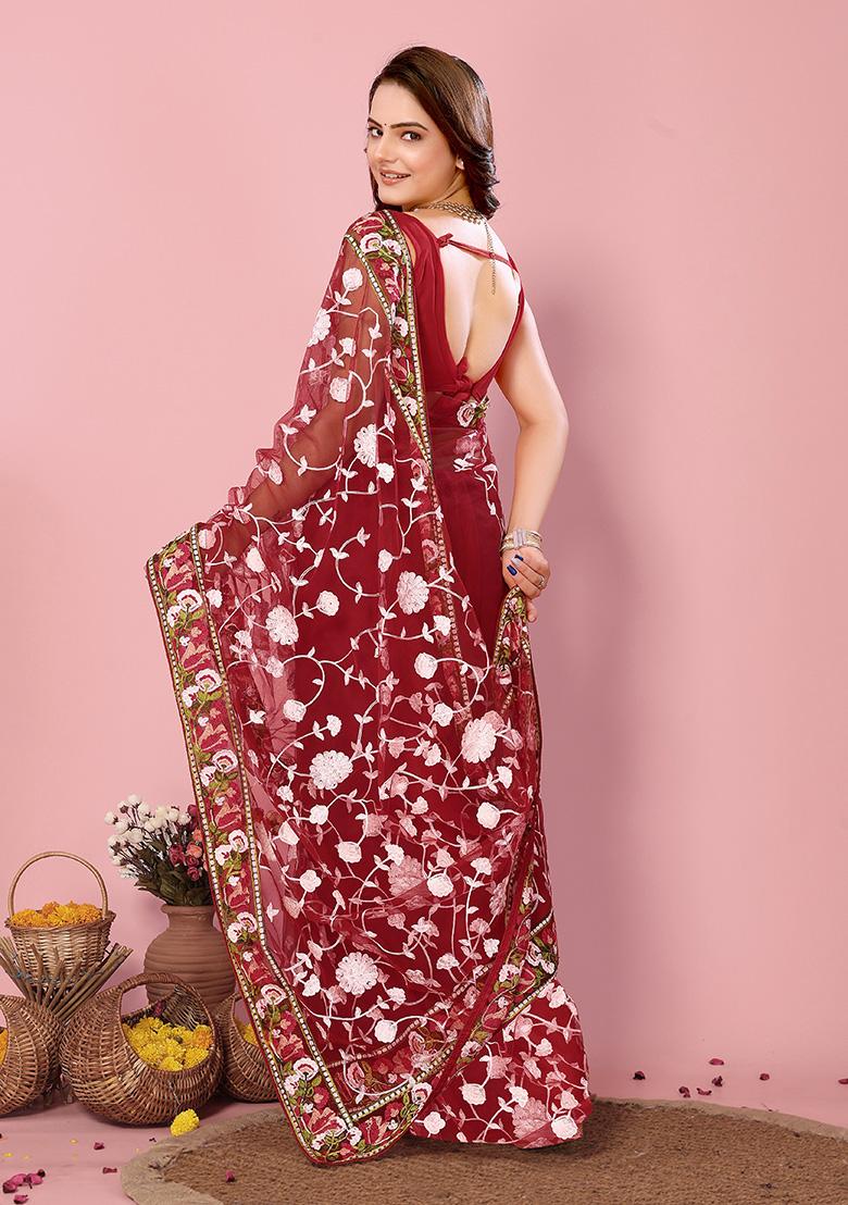 Maroon Thread Embroidered Soft Net Saree Set