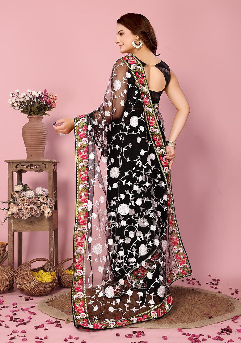 Black Thread Embroidered Soft Net Saree Set