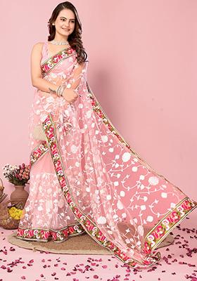 Pink Thread Embroidered Soft Net Saree Set