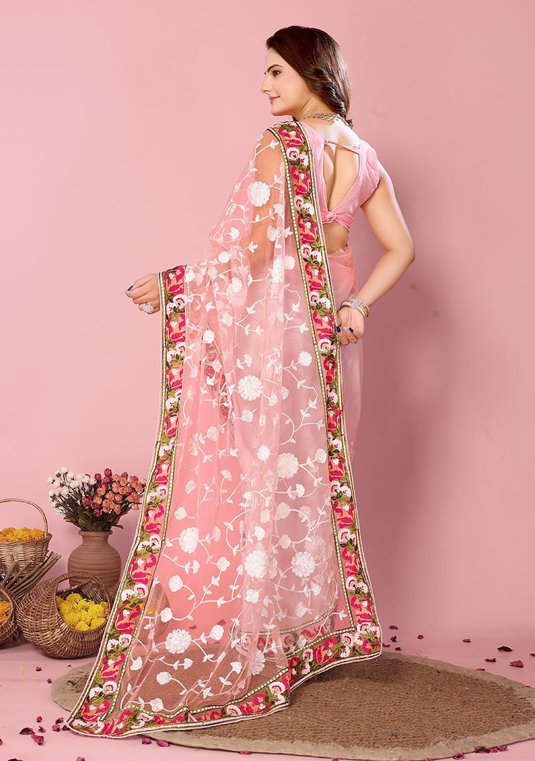 Pink Thread Embroidered Soft Net Saree Set