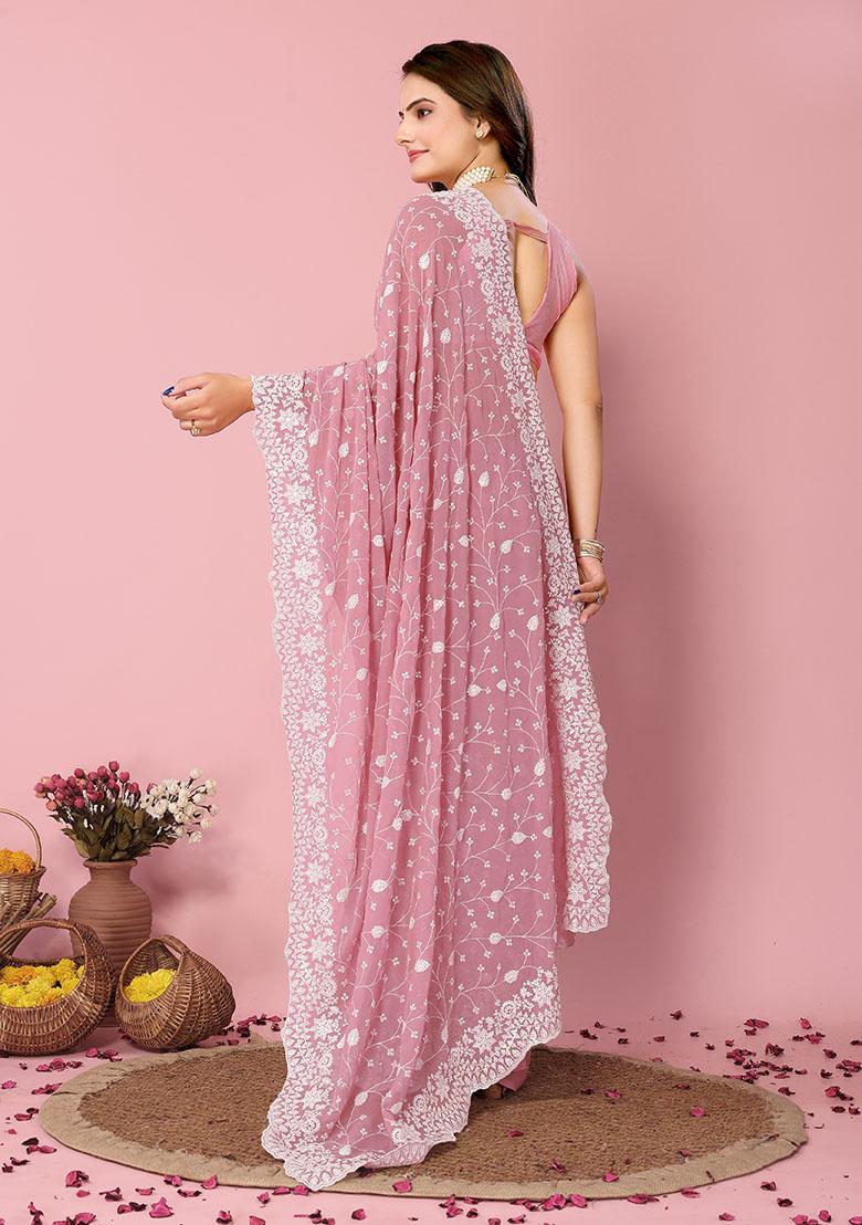 Pink Sequin Thread Embroidered Georgette Saree Set